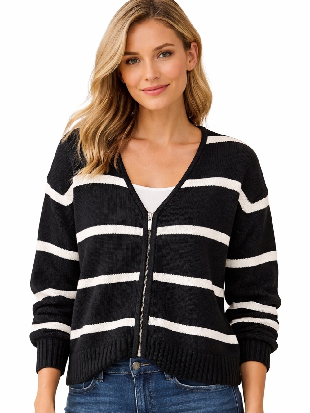 Liz Claiborne Petite Large Black White Striped Zip Front Knit Cardigan Sweater